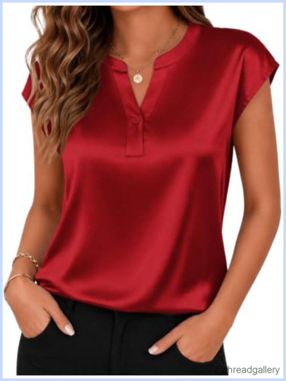 Women Satin V Neck Cap Sleeve Blouse Business Casual Top